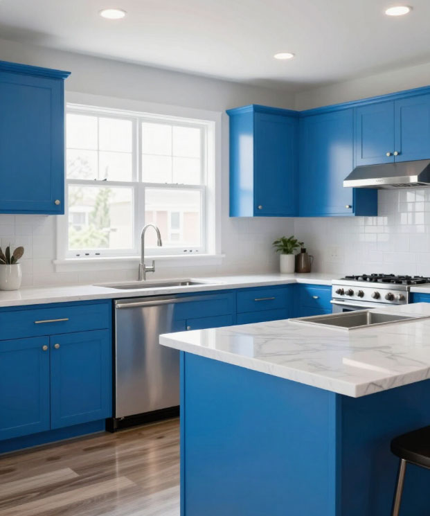 Bright kitchen with blue cabinets and a clean marble countertop