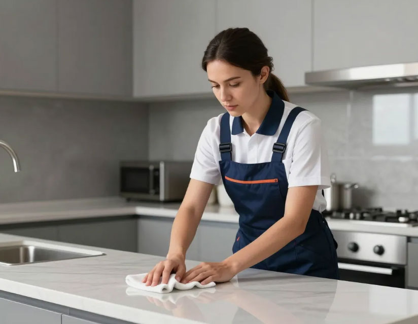 Cleaner wiping down a kitchen countertop