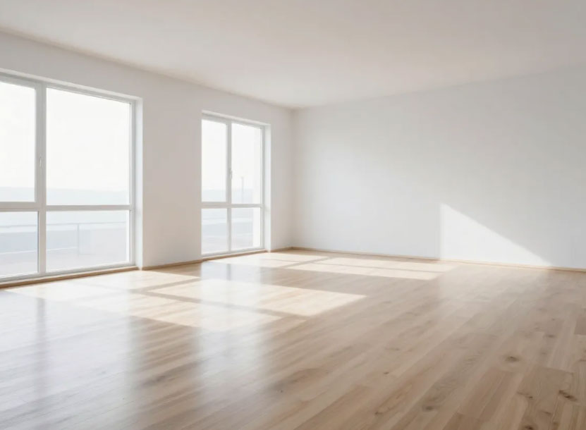 Sunlit living room with polished hardwood floors